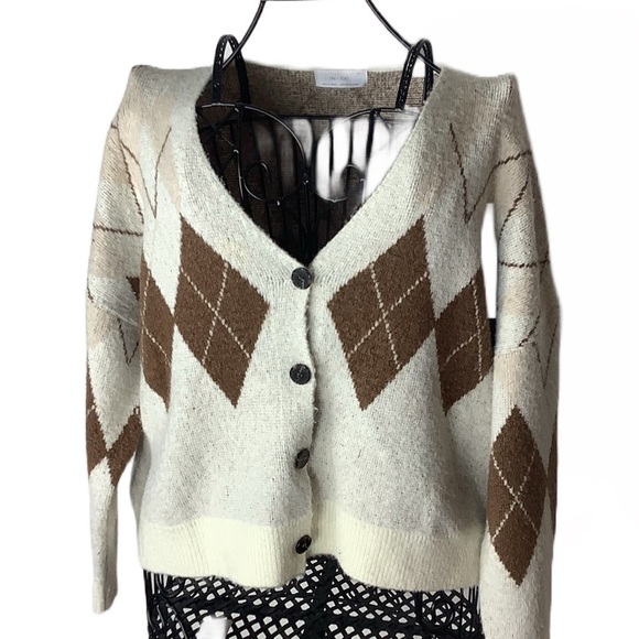 Oak+Fort Women's  Oatmeal/
Brown Size Medium Argyle Cardigan Sweater - Picture 2 of 10